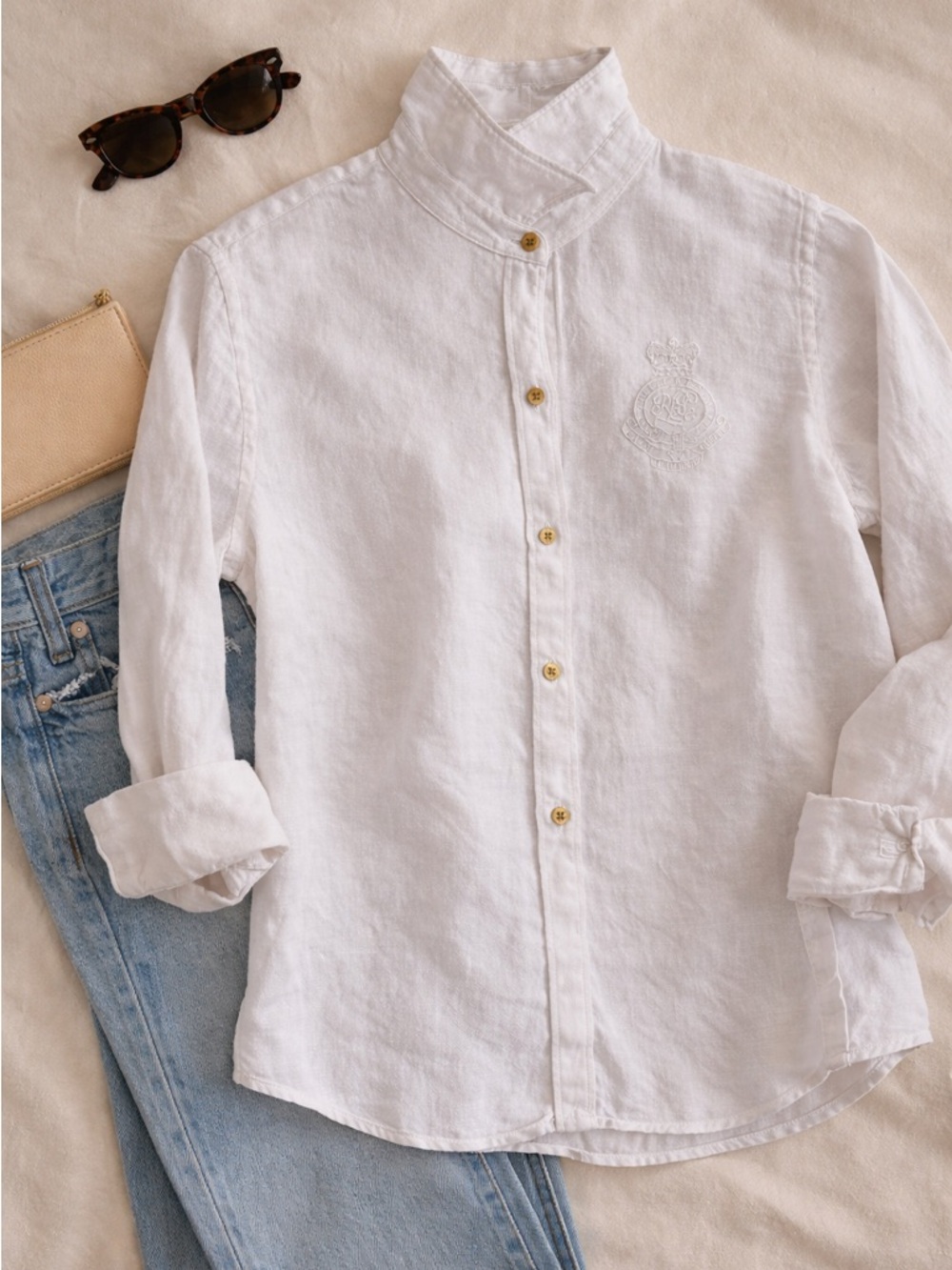 LRL Ralph Lauren White Linen Button Down Shirt Crest Logo Gold Buttons Size P/ L